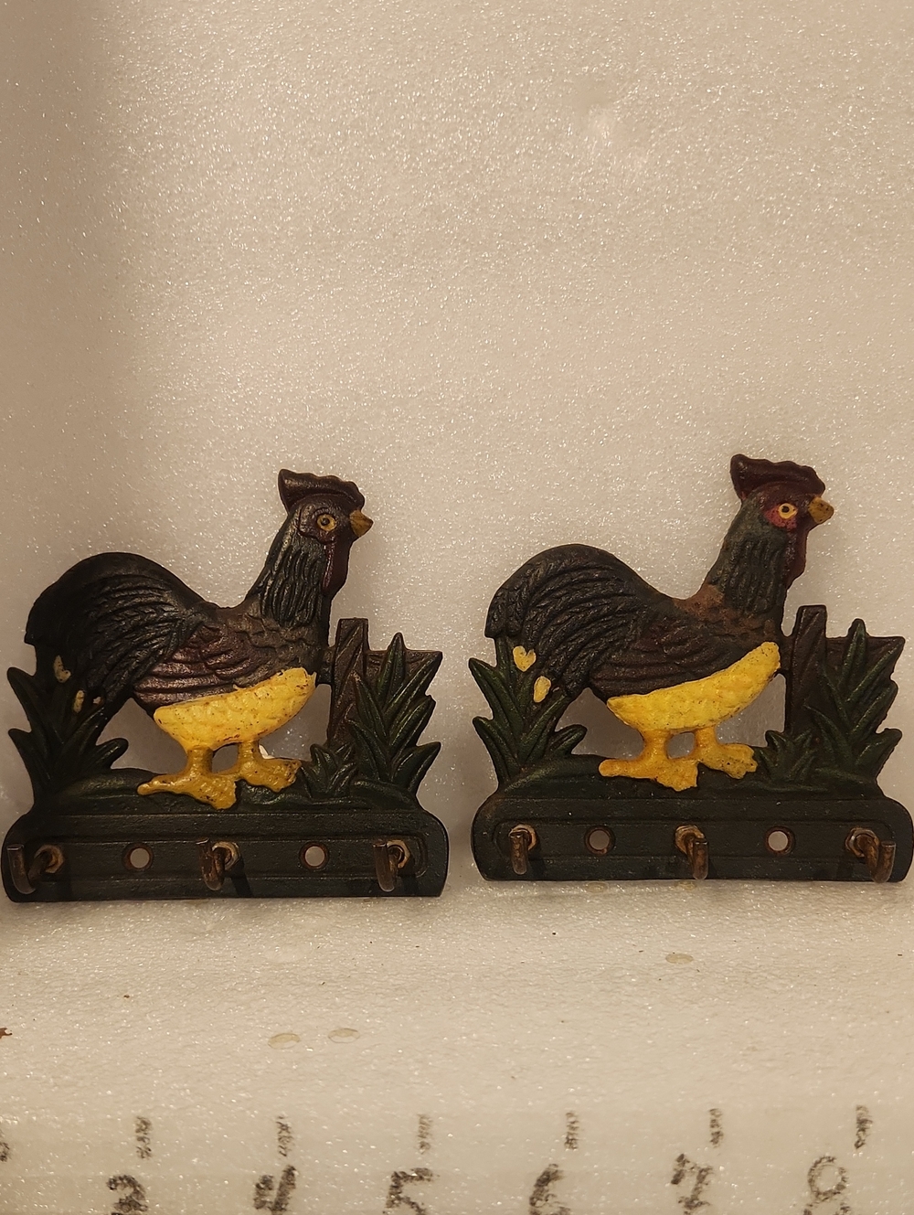 Vintage 2 Cast Iron Rooster Towel Hook/Key Holder
